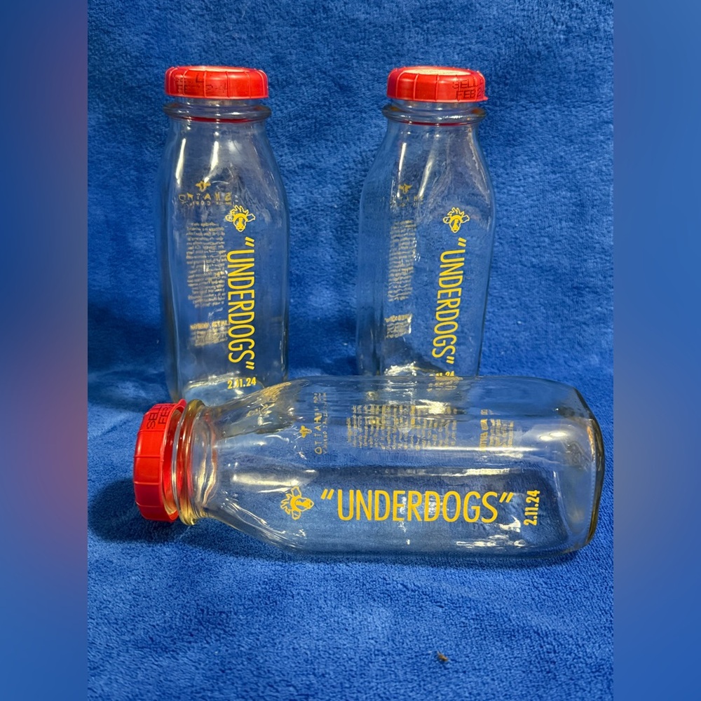 Limited Ed Shatto Milk - Set of 3 “Underdog” 2.11.24 Glass Milk Bottles W/Lids